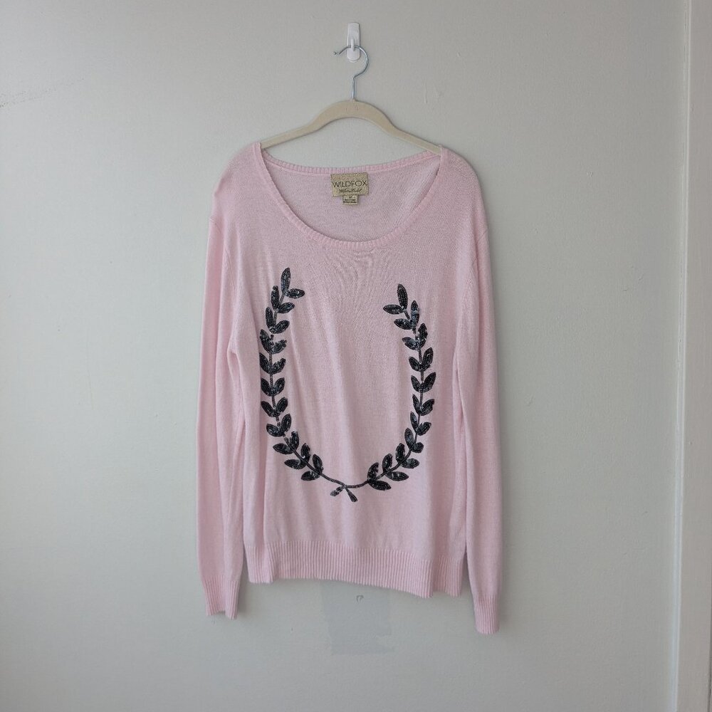 Wildfox White Label Baby Pink Sweater Black Sequin Wreath Women's Size M Medium